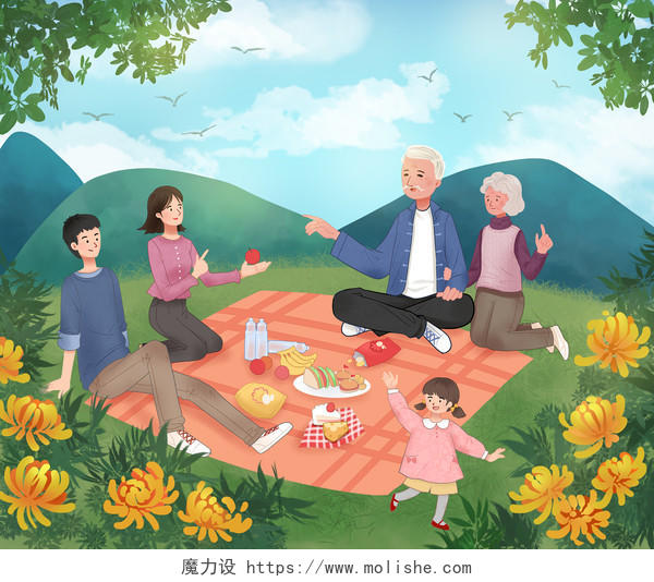 国际家庭日卡通手绘重阳节家人公园野餐原创设计素材